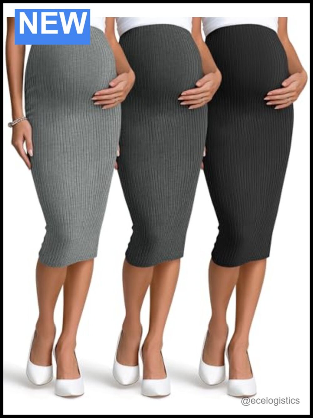 3 Pack Ribbed Maternity Skirts High Waisted Midi Pencil Skirts